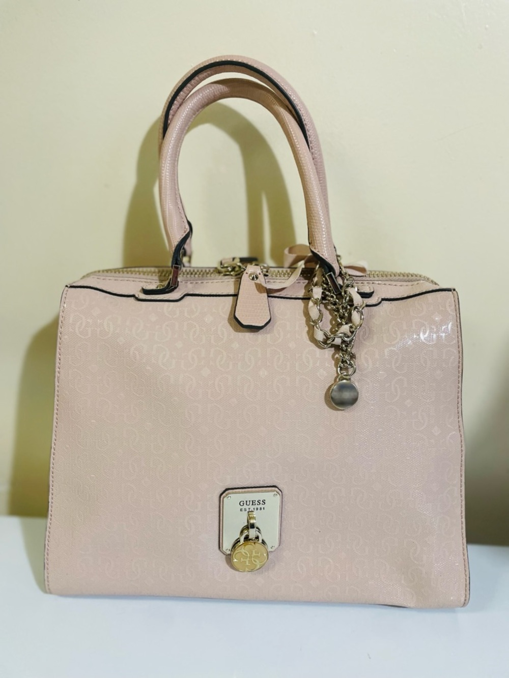 GUESS Pale Pink Structured Satchel with Gold-Tone Hardware